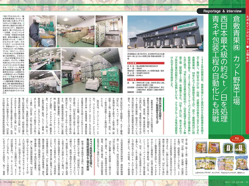 倉敷青果のカット野菜工場が「月刊食品工場長」2024年4月号に掲載されました