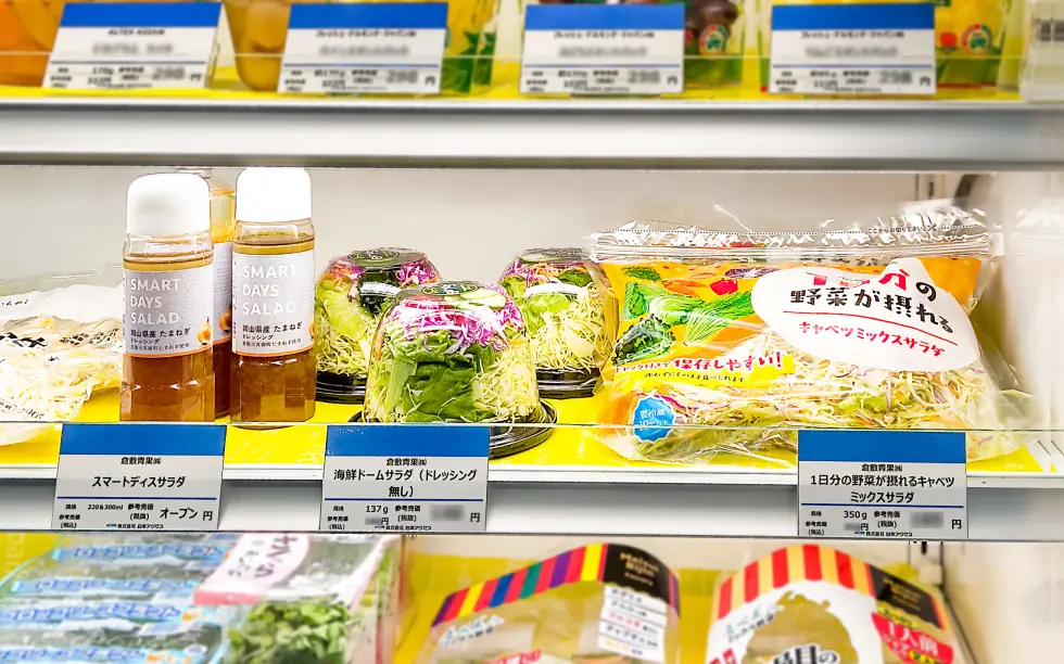 現在製造中のオリジナル玉葱ドレッシング、海藻ドームサラダ、1日分の野菜が摂れるキャベツミックスサラダ